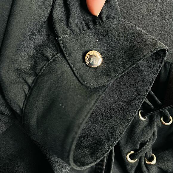 Vince Camuto Lace Up Button Sleeve Drawstring A-Line Black Dress - Picture 8 of 8